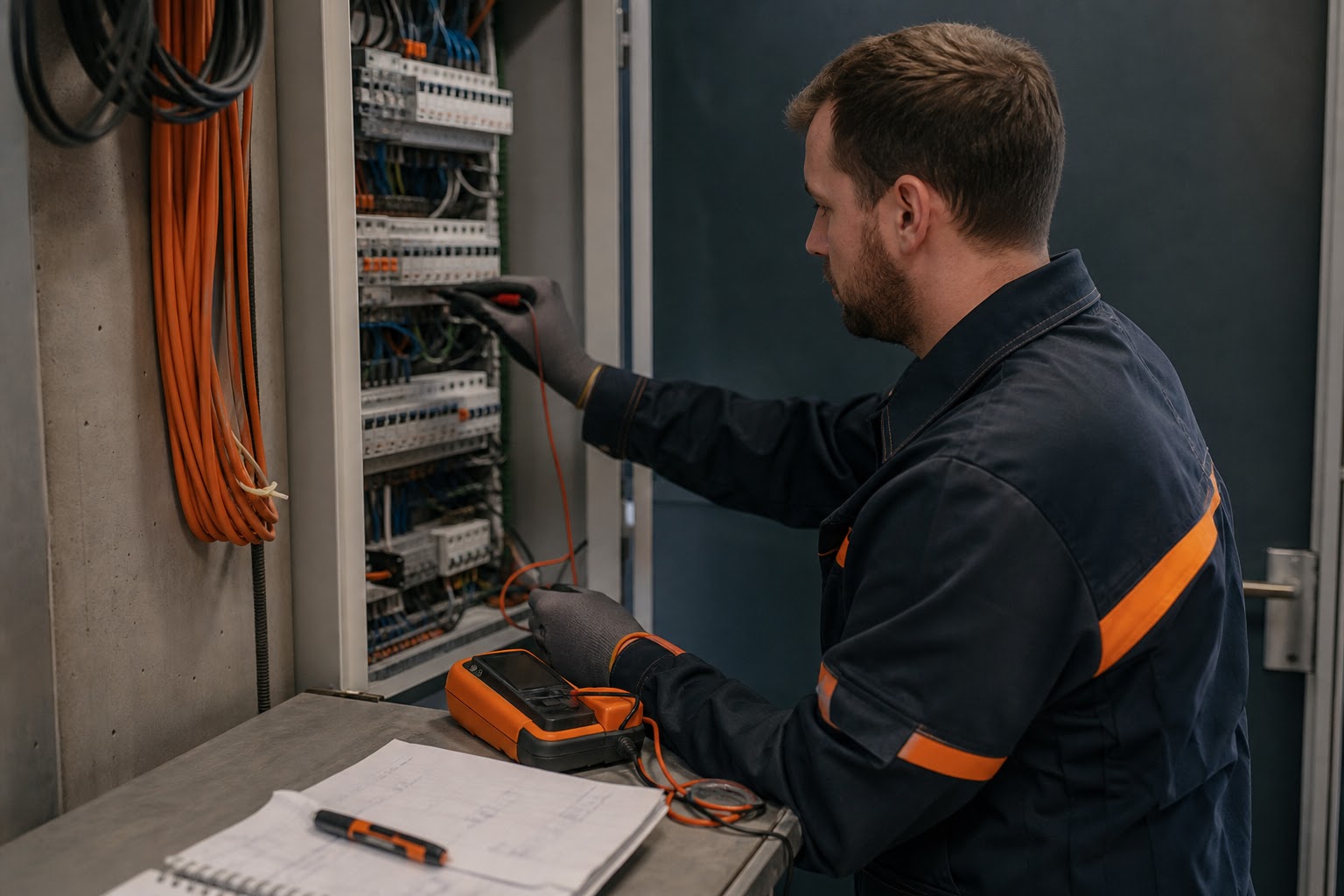 Revízny technik meria elektroinštaláciu pred odovzdaním