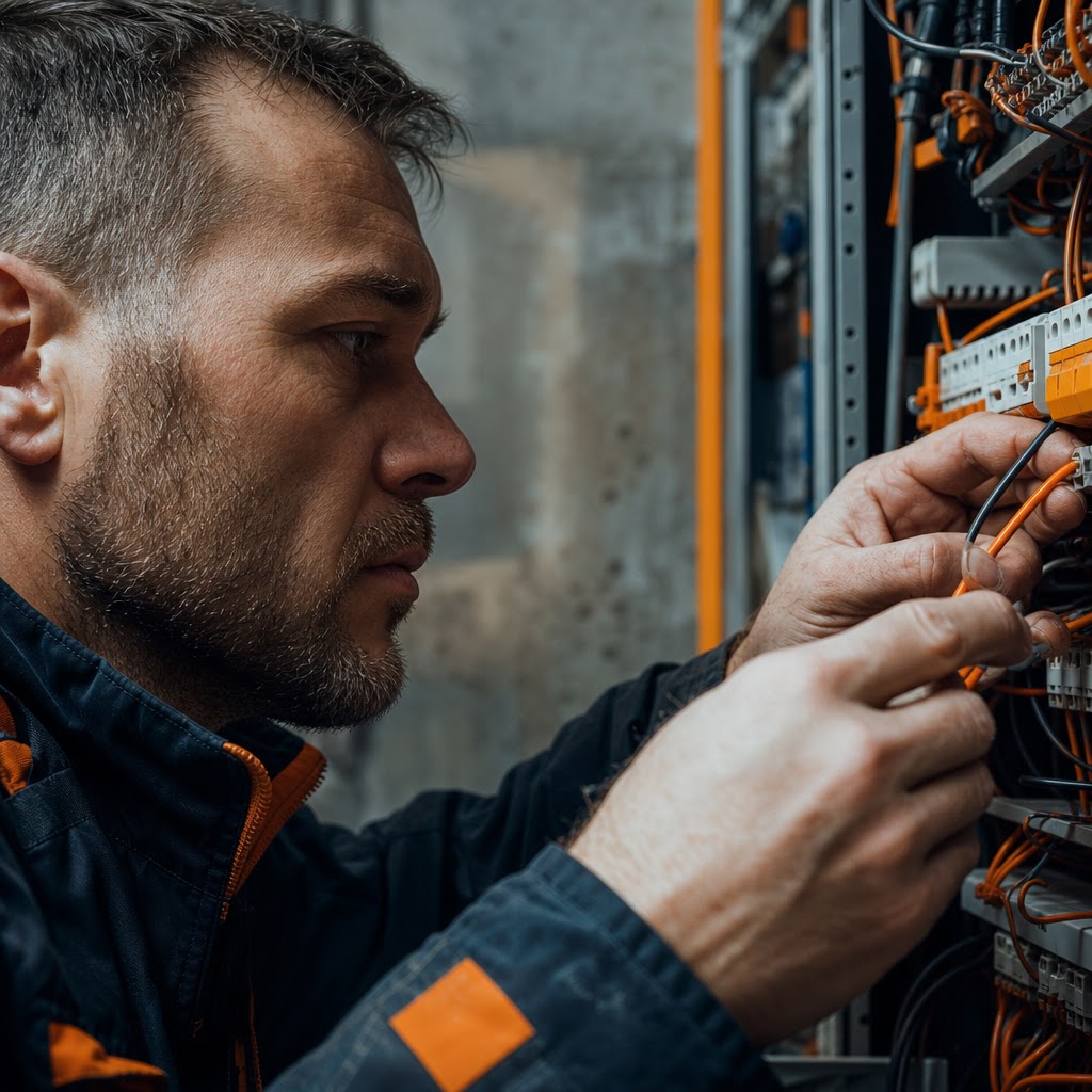 Elektrikár pri práci na rozvádzači – detail