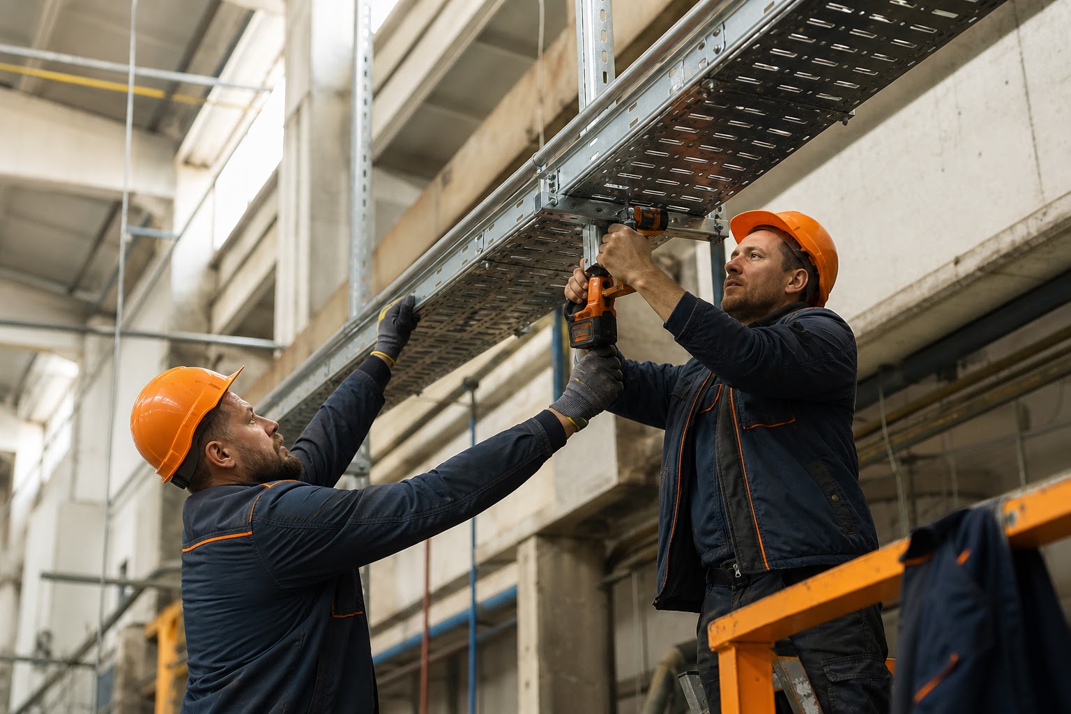Elektromontážna čata pri práci vo výrobnej hale