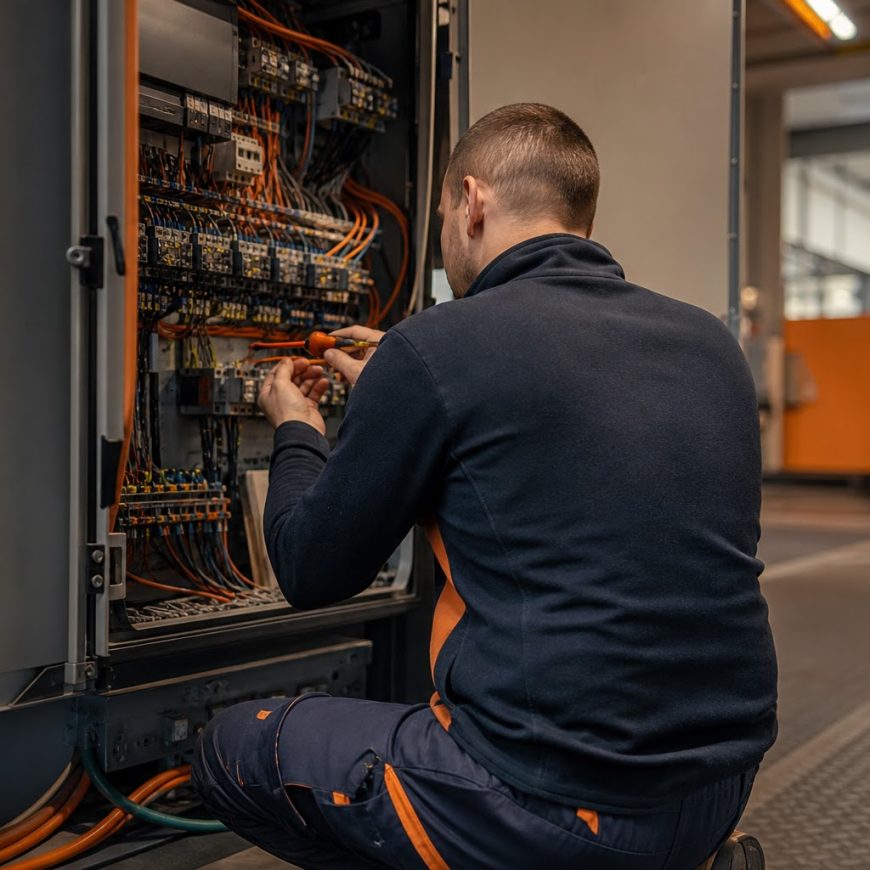 Technik kontroluje zapojenie rozvádzača nízkeho napätia